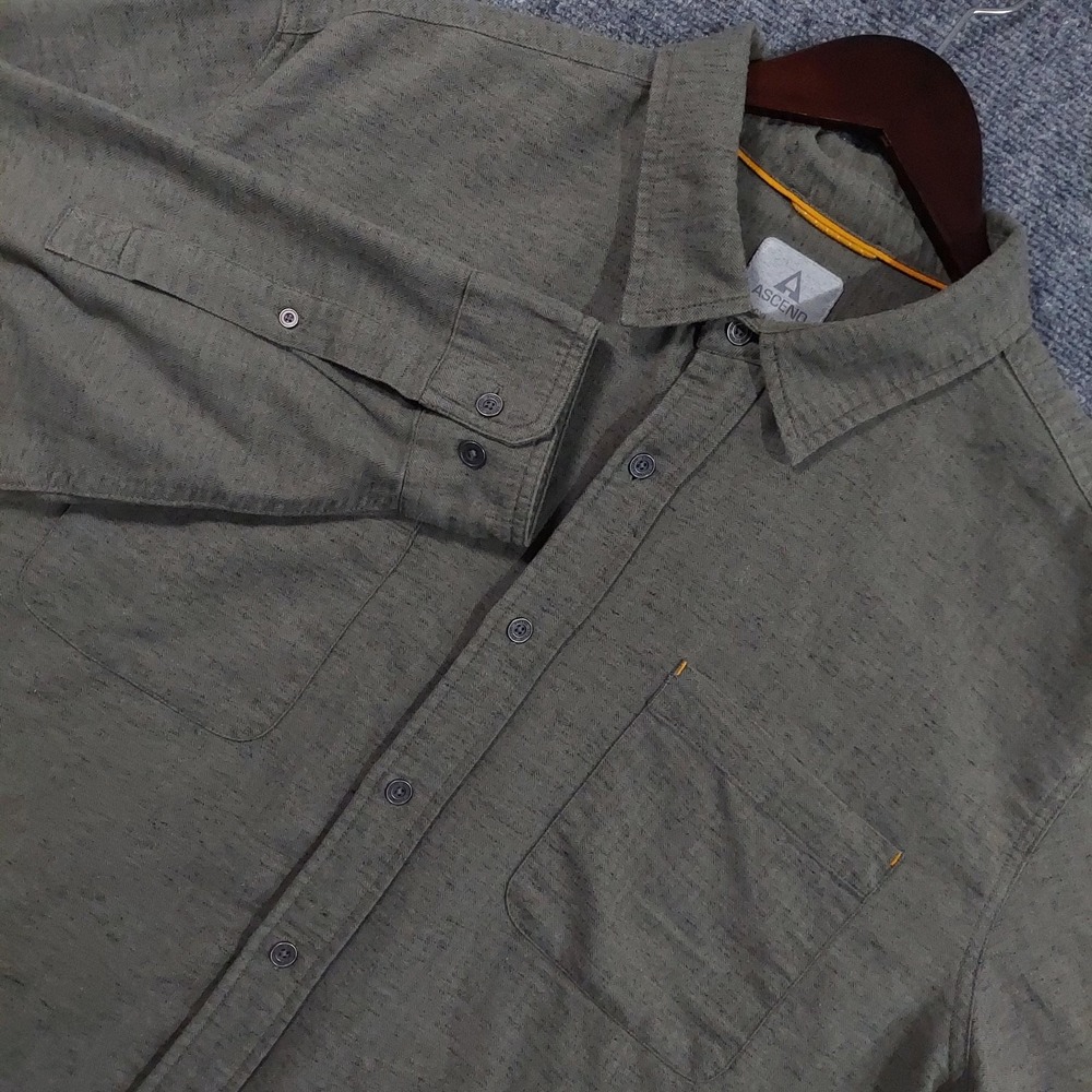 Ascend Shirt Mens 2XL Green Herringbone Long Sleeve Button Up Linen Blend Twill